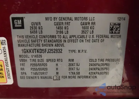 2015 GMC Acadia Denali z USA, uszkodzony, nr VIN 1GKKVTKD5FJ252832